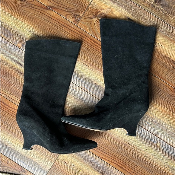 Anne Klein Black Suede Mid Calf Heeled Boots - Picture 1 of 6